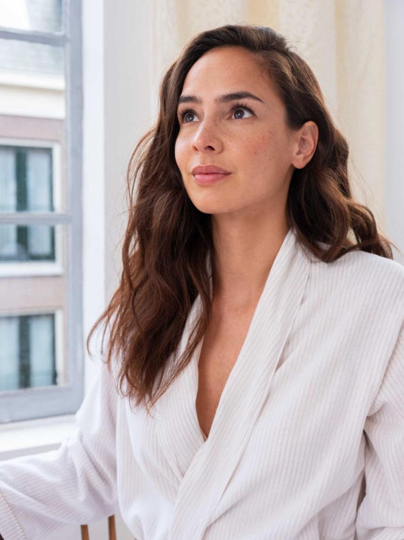 Dressing Gown - Beige Stripe - The Cotton Cashmere Collection